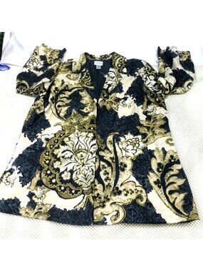 Chicos Gold & Black Brocade Jacket Size 3 Cotton Silk Blend Floral Pattern Lined